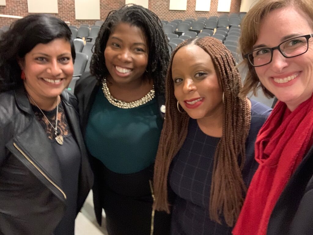 Photo of Manisha Bewtra, Samantha Whitfield, Jamie Gauthier, and panel moderator Helen Horstmann-Allen at Myerson Hall at the University of Pennsylvania.