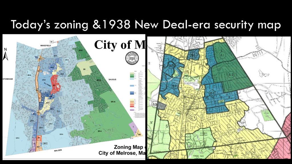Slide from Structural segregation and Melrose's Built Environment presentation, showing present day zoning next to 1938 HOLC (redlining) map