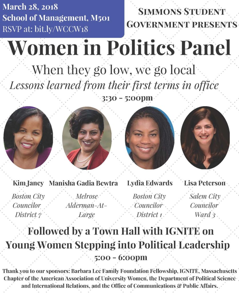 Flyer for Simmons Women in Politics Panel with Kim Janey, Manisha Bewtra, Lydia Edwards, and Lisa Peterson