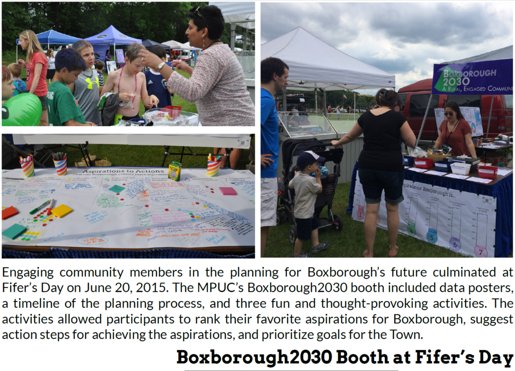 At Fifer's Day in June 2015, Manisha and others from MAPC and the Boxborough Master Plan Update Committee had conversations and collected input from over 150 participants of all ages.