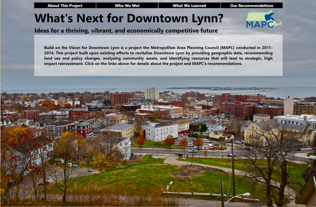 Screenshot of DTL.MAPC.org homepage, project website for Downtown Lynn, MA revitalization