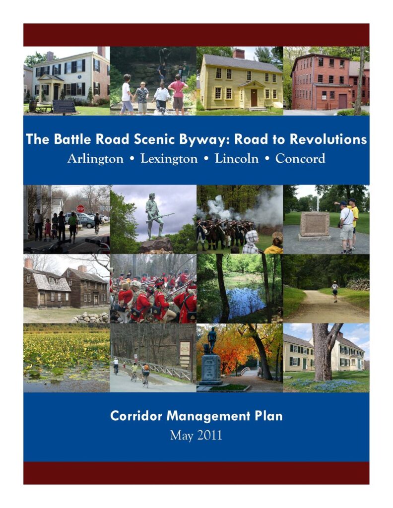 The cover of the Battle Road Scenic Byway Corridor Management Plan highlights historic, cultural, and natural resources in each of the four Byway towns.