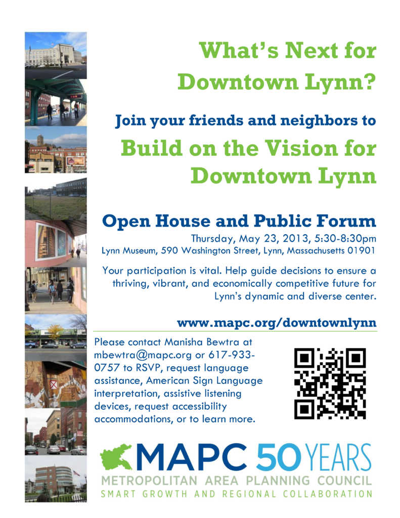 Image of English-language flyer for May 23, 2013 Forum in Downtown Lynn, MA.