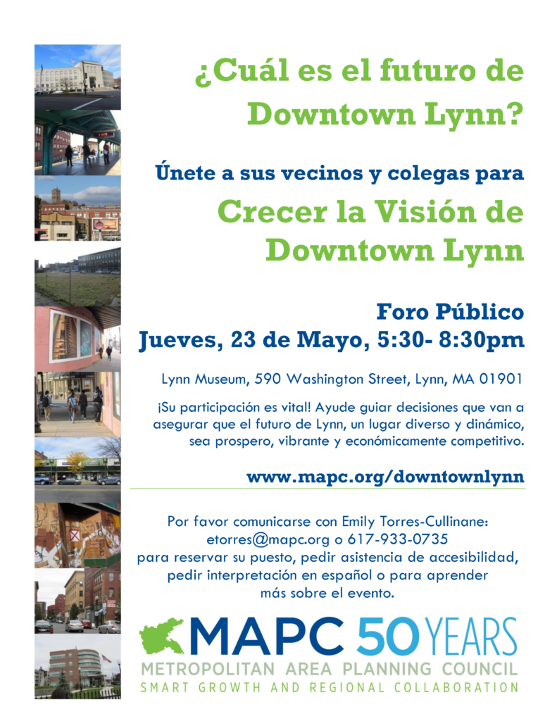 Image of Spanish-language flyer for May 23, 2013 Forum in Downtown Lynn, MA.
