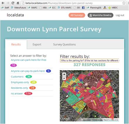 The Downtown Lynn field survey was chosen as a pilot for the LocalData platform. The project administrator could view a visualization of real-time survey answers to monitor project completion.