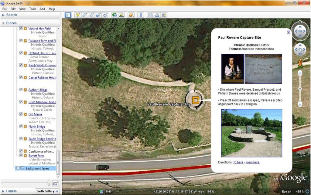 Screenshot of a Google Earth virtual tour placemark for the Paul Revere Capture Site