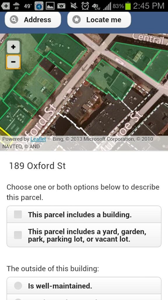 Screenshot of LocalData smartphone survey questions from the Downtown Lynn Data Walk, April 13, 2013. Photo by volunteer participant Will Ward.