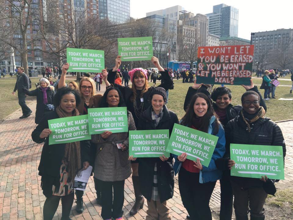 Several of my Emerge Massachusetts Class of 2017 sisters posing for a picture before heading back to class! My sign reads: "I won't let you be erased and you won't let me be erased, deal?"