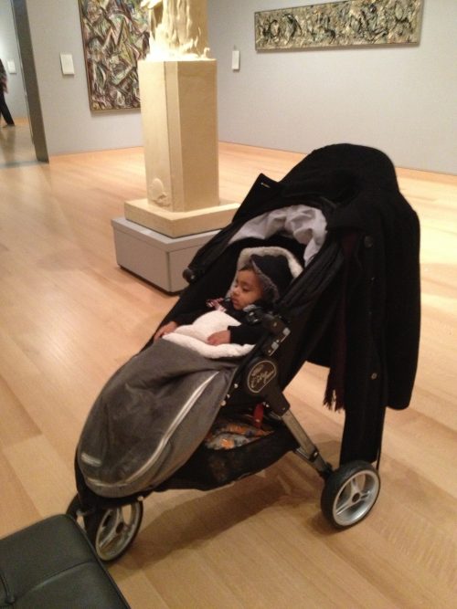Manisha's family went out to the Boston Museum of Fine Arts shortly after procuring a new city-friendly stroller.