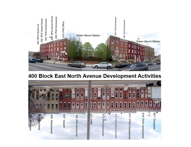 Baltimore City had thousands of vacant properties in 2007. Manisha worked with her colleagues at PHG on strategic whole-block revitalization strategies. She used ArcView GIS and Adobe creative software to illustrate PHG's revitalization program. This panorama illustrates one of the key blocks for redevelopment in PHG's area of focus.