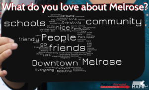   "What do you love about Melrose?" word cloud image above is from Melrose Forward: A Community Vision and Master Plan, page 3. The words shown in larger print are those that respondents included more frequently. 